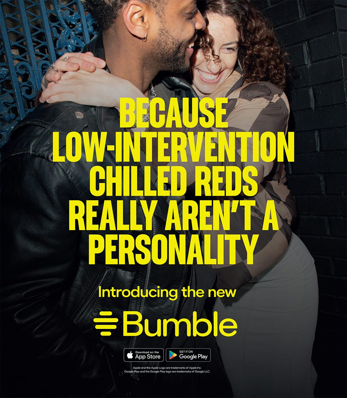 Photo of two people embracing, overlaid with the text 'Because low-intervention chilled reds really aren't a personality'