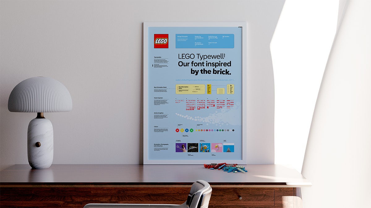 Photograph of a poster showing Lego's new design principles positioned on a tabletop next to a lamp