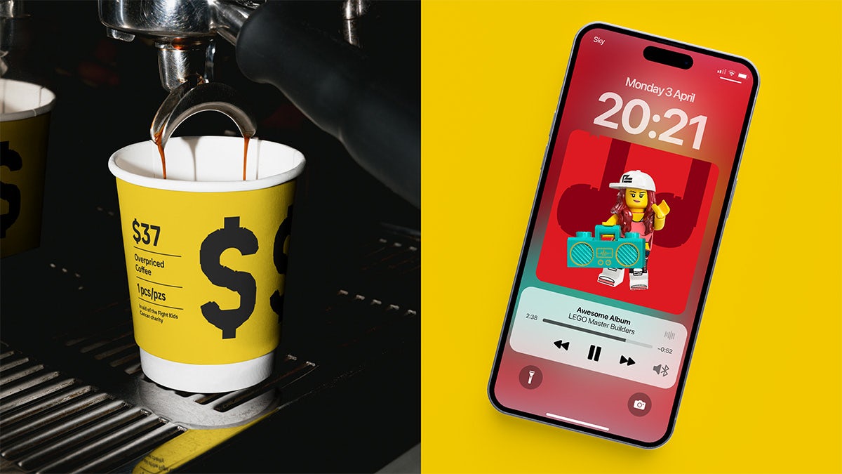 Side by side image showing coffee being poured into a yellow paper coffee cup labelled with a large dollar sign, and on the right is a photo of a smartphone that is currently playing Lego audio content