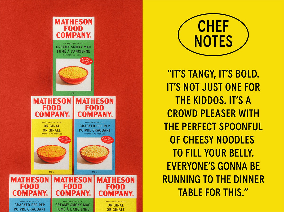 Side by side image showing a stack of rectangular boxes labelled with the new Matheson Food Company branding, which features a red uppercase wordmark and images of bowls of food on colourful backgrounds. On the right is a graphic headlined 'Chef notes' and a quote from the chef beneath it