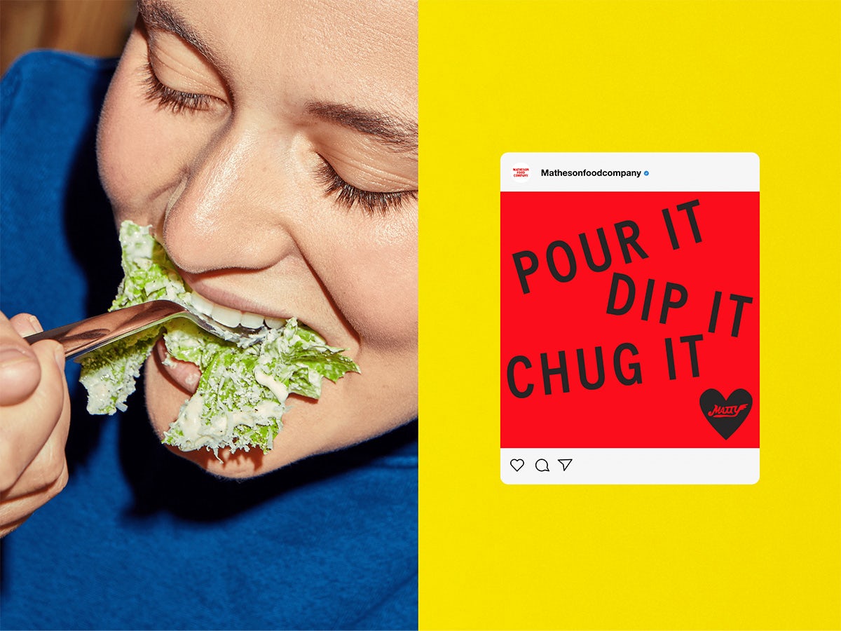 Two images side by side, one showing a photograph of a person eating a forkful of dressed salad, and on the right is a graphic showing a social media image post that reads 'Pour it, dip it, chug it'