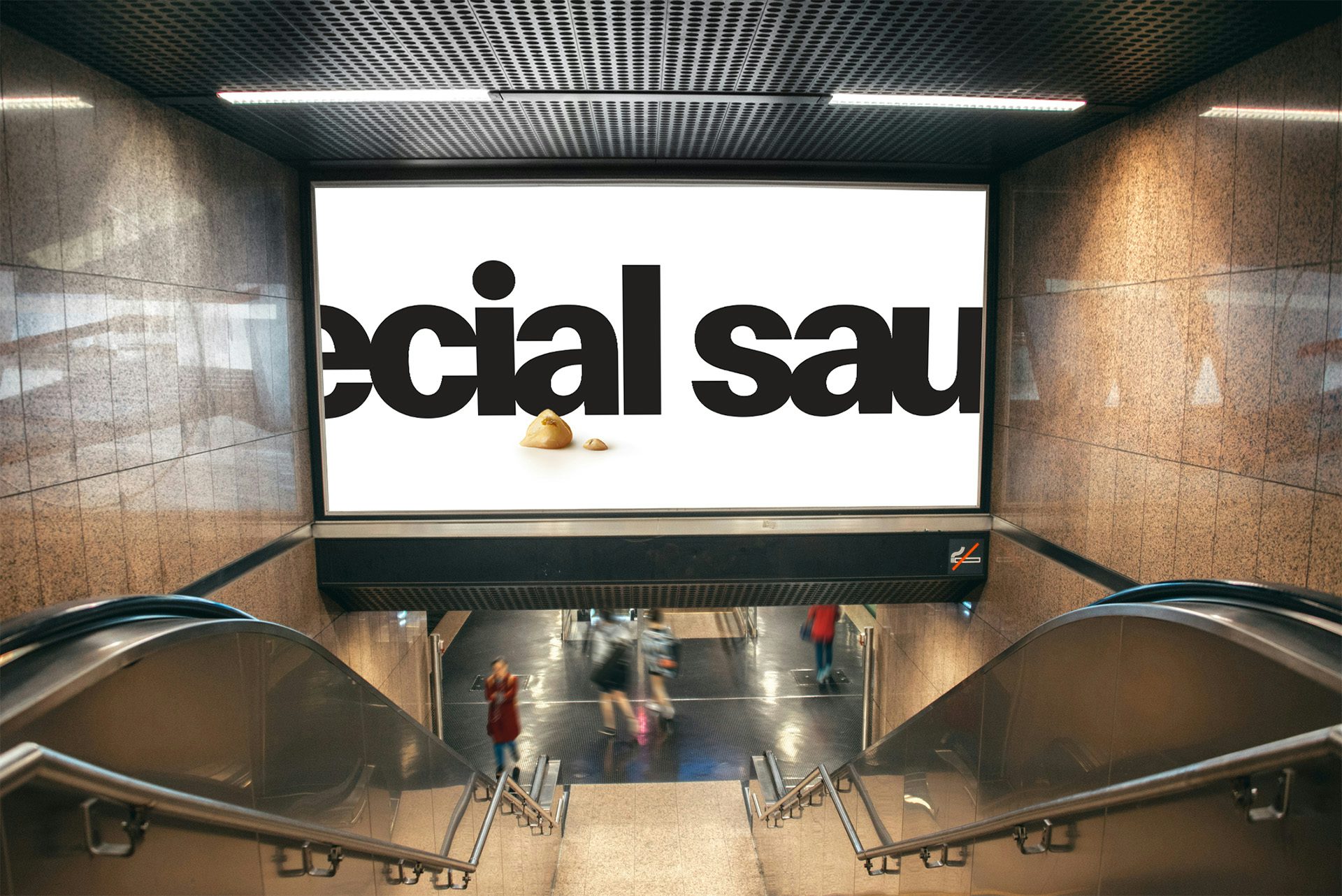 Public transport stairway with an overheard billboard featuring a deliberately cut-off line that reads 'ecial sau'