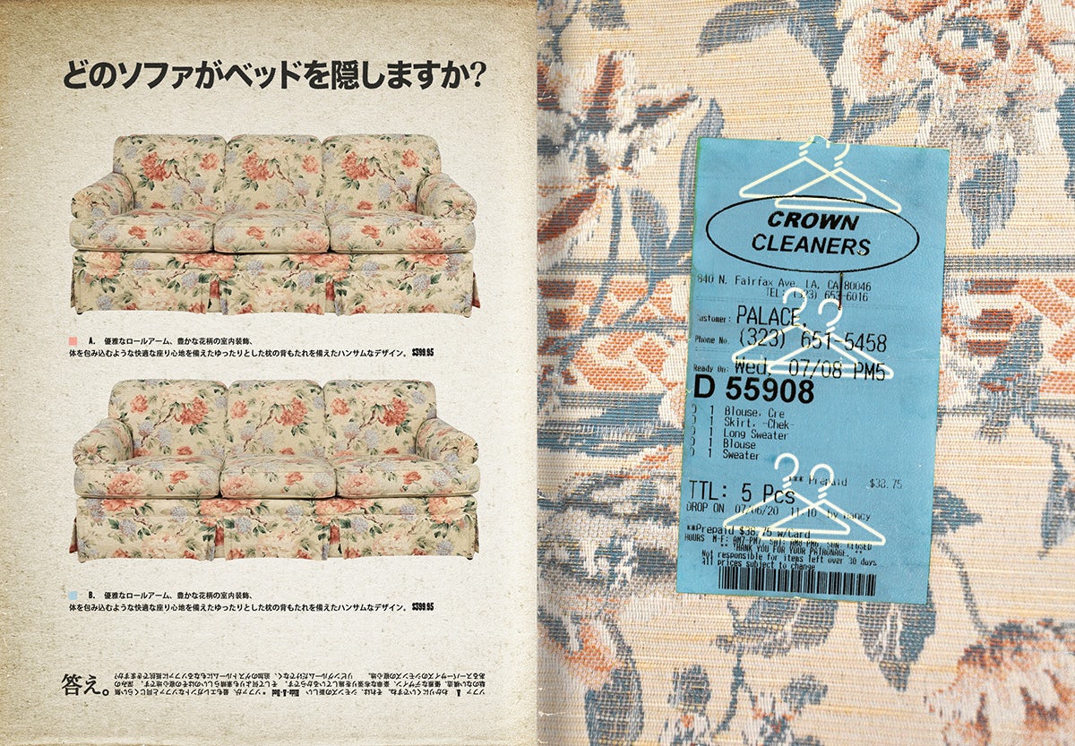 Spread from Women by Nadia Lee Cohen showing images of sofas next to Japanese text, and a receipt attached to fabric