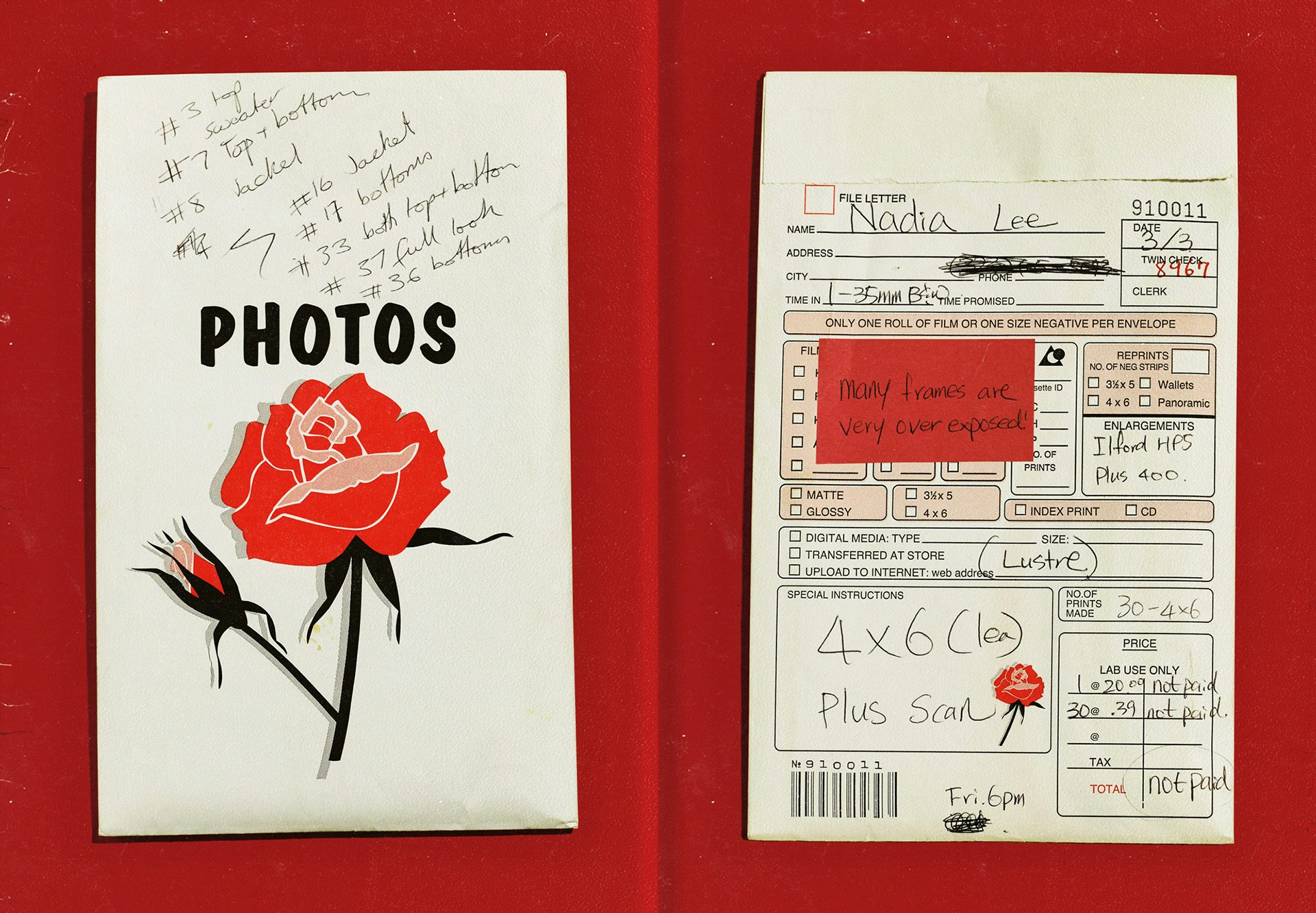 Spread from Women by Nadia Lee Cohen showing a sheet of paper headlined 'photos' next to an illustration of a red flower and scrawled notes, opposite an image of a photo wallet