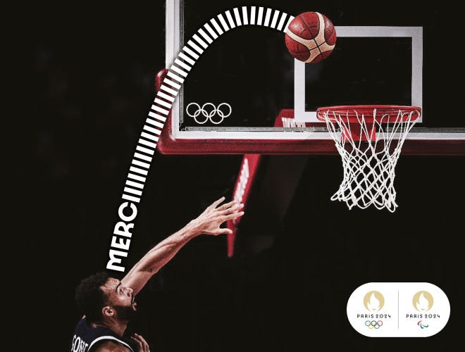 Poster of a basketball player with the word 'merci' forming a line from the player to the ball