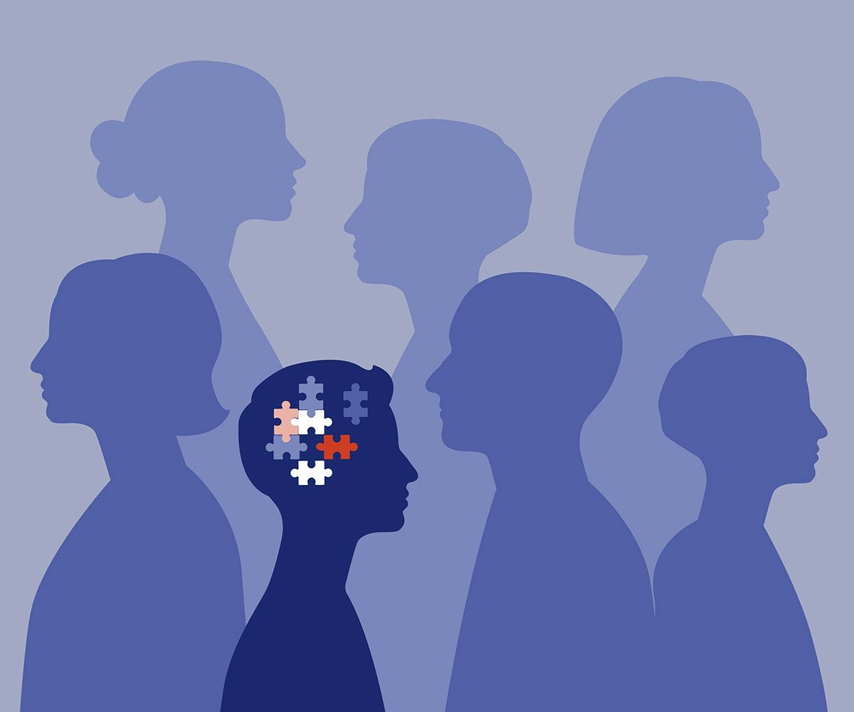 Illustration of blank faces, one character is more solid in colour and has puzzle pieces inside their head