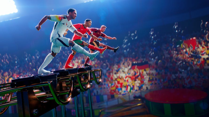 Still from BBC Euro 2024 campaign showing footballers in a 3D pinball world