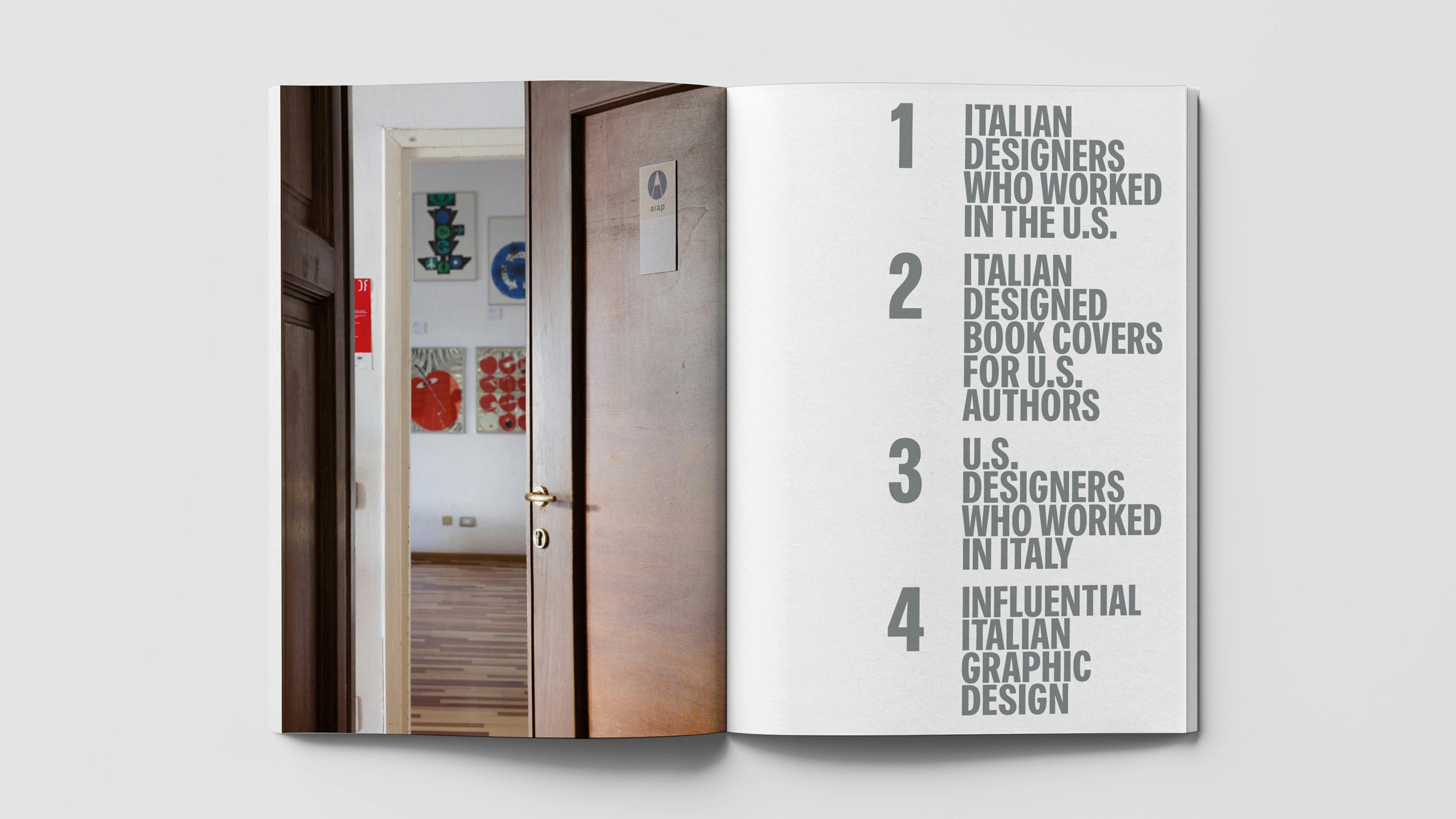 Spread from the book Made in Italy featuring a photo of an open door leading into a room with posters on the wall in the background on the left hand page, and a contents page on the right