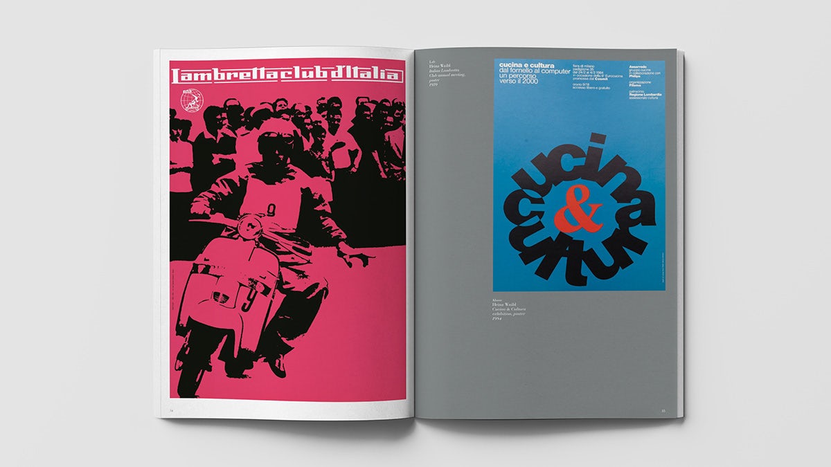 Spread from the book Made in Italy featuring a pink and black high contrast print of a person on a motorbike on the left page, and a typographic poster with the words 'Cucina' and 'Cultura' arranged in a circle around a red ampersand