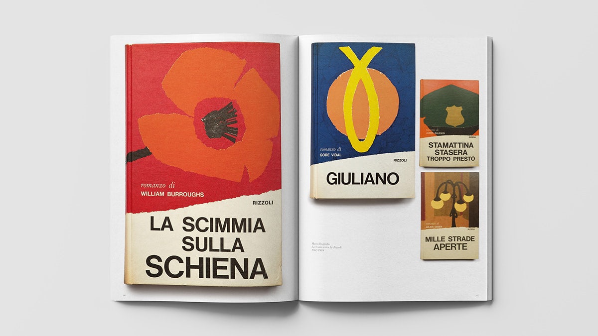 Spread from the book Made in Italy featuring abstract illustrated book covers