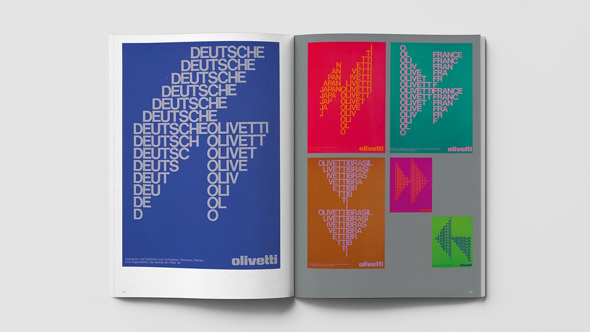 Spread from the book Made in Italy featuring poster designs that repeat the words 'Deutsche Olivetti' in columns on blue, pink, green, and brown backgrounds