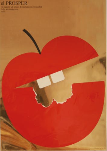 Poster showing a red illustrated apple cut open and with teeth and bite marks in the middle, as though the apple represents lips