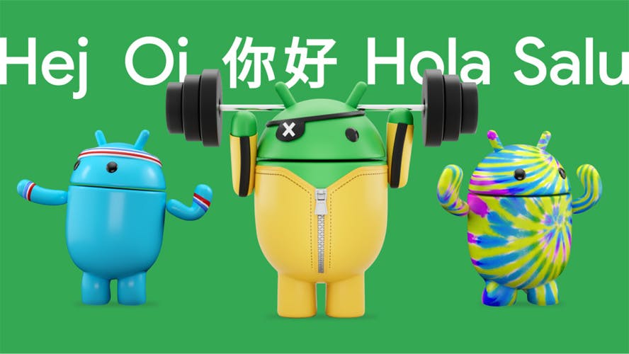 Three 3D illustrated characters in bright and colourful skins, with the word 'hello' written in different languages