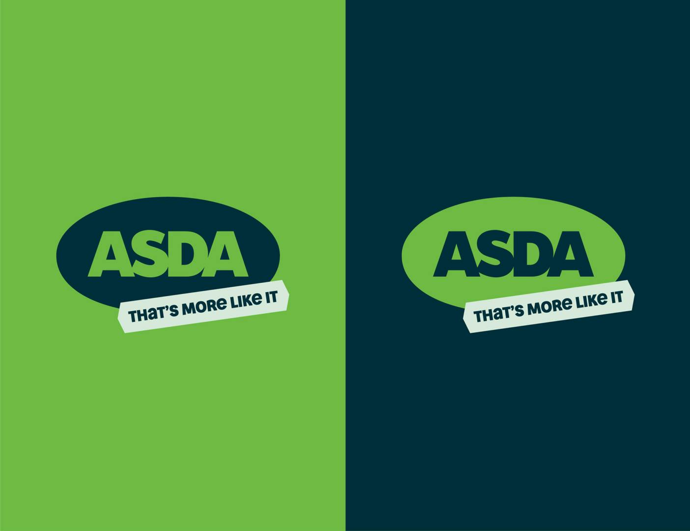 Oval shaped Asda logos displayed in bright green and very dark green