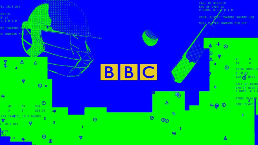 Technical angular graphic in bright green and blue, featuring the BBC logo at the centre