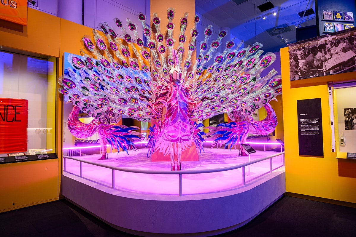A large peacock inspired Carnival costume installed in an exhibition space