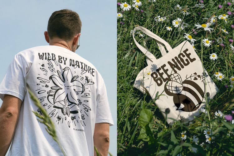 Side by side photos showing a person wearing a t-shirt with illustrated flowers, next to a photo of a tote bag featuring an illustrated bee and the slogan 'bee nice'