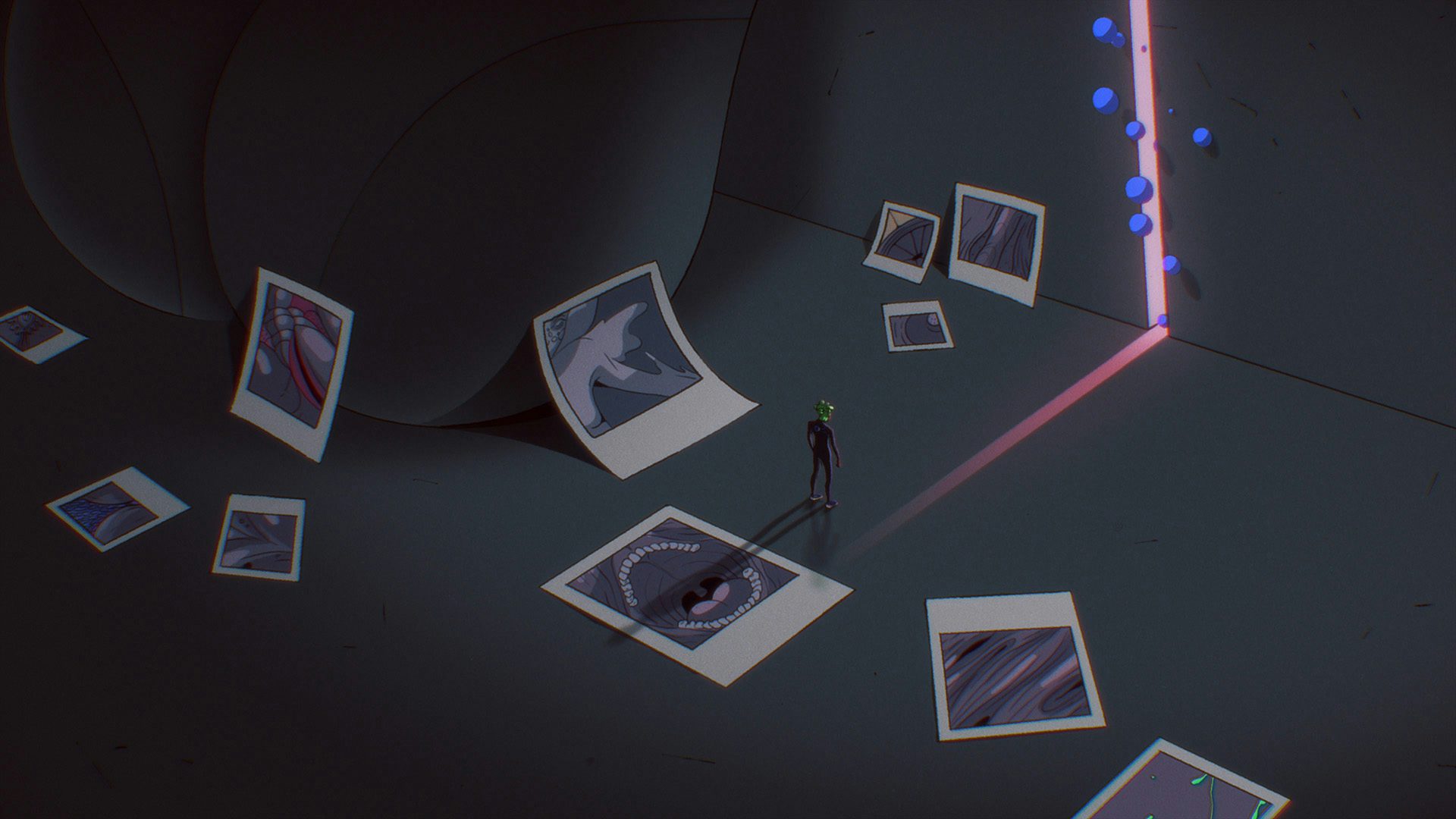 An aerial 2D animation still showing a pesron standing in a grand hall in front of a narrow vertical portal in the wall, with large polaroid photos scattered around the space