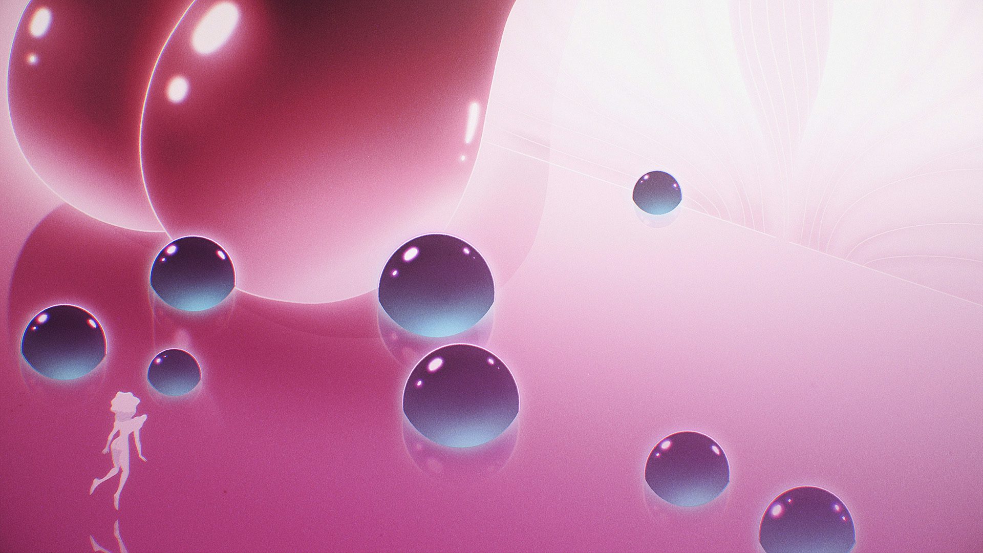 An aerial still from a 2D animation showing a pink alien like creature in a pink fantasy landscape filled with orbs