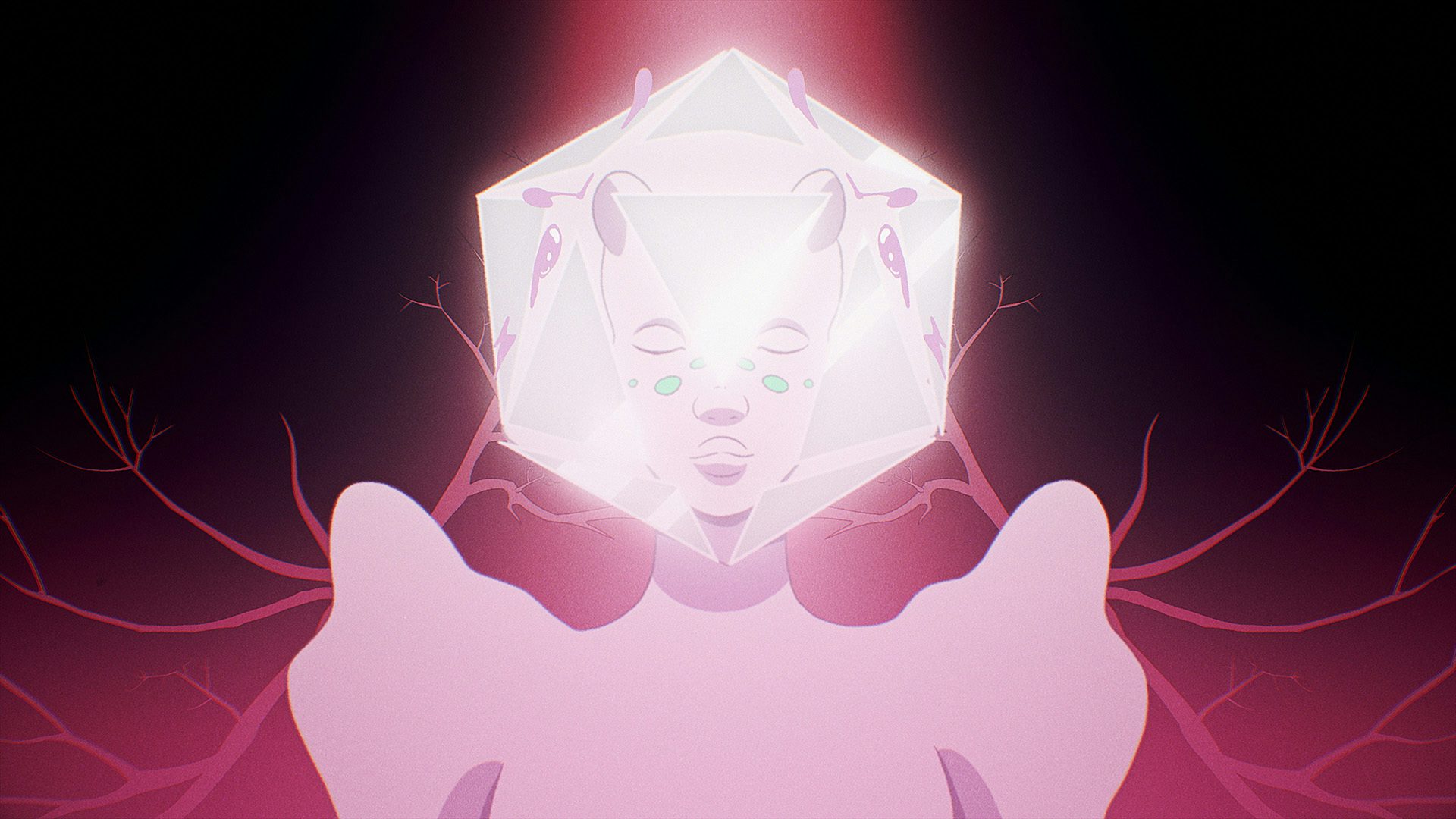 An illustrated pink alien character with vein-like shapes protruding from it, and a diamond-shaped object partially covering their face