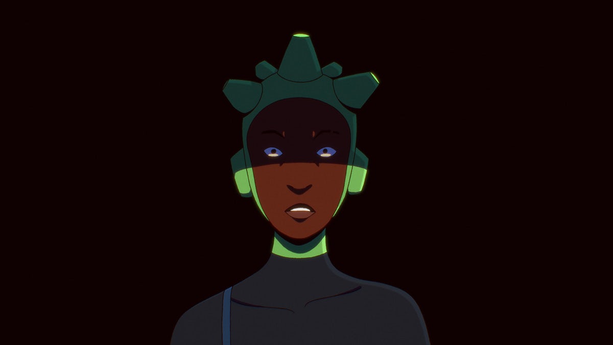 An illustrated character wearing a green headpiece