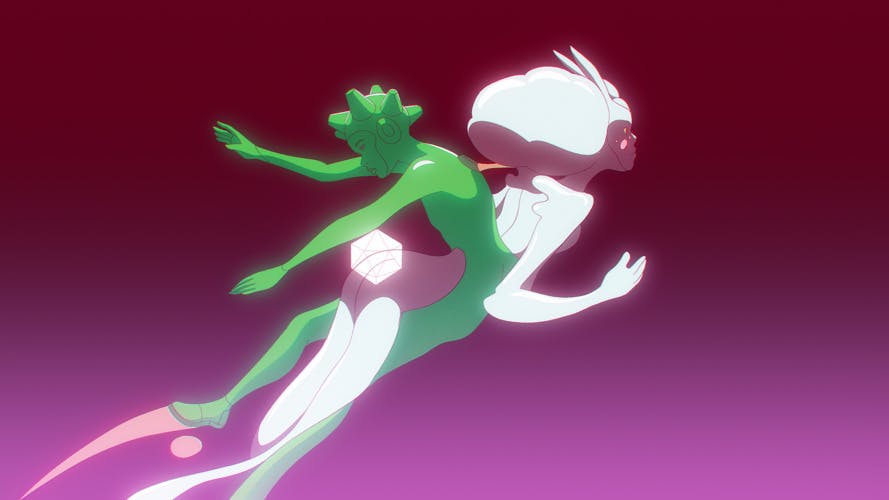 An illustrated alien character floating in the air, with a green figure appearing to detach from the same body