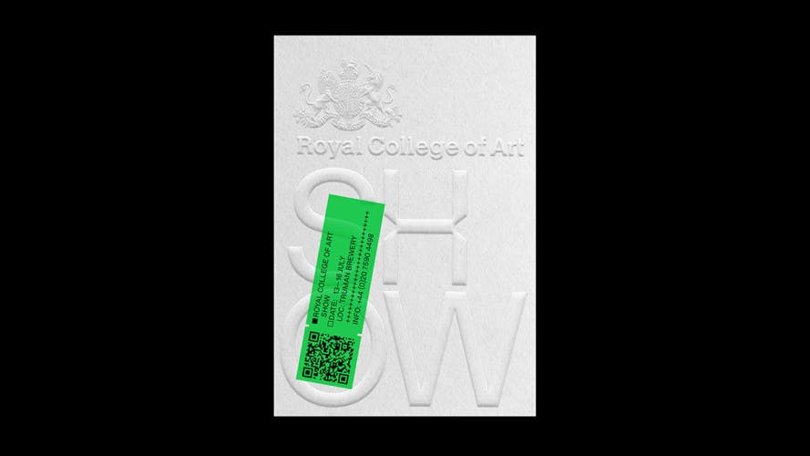 A green RCA branded ticket laid over a white poster with the word 'show' embossed on it