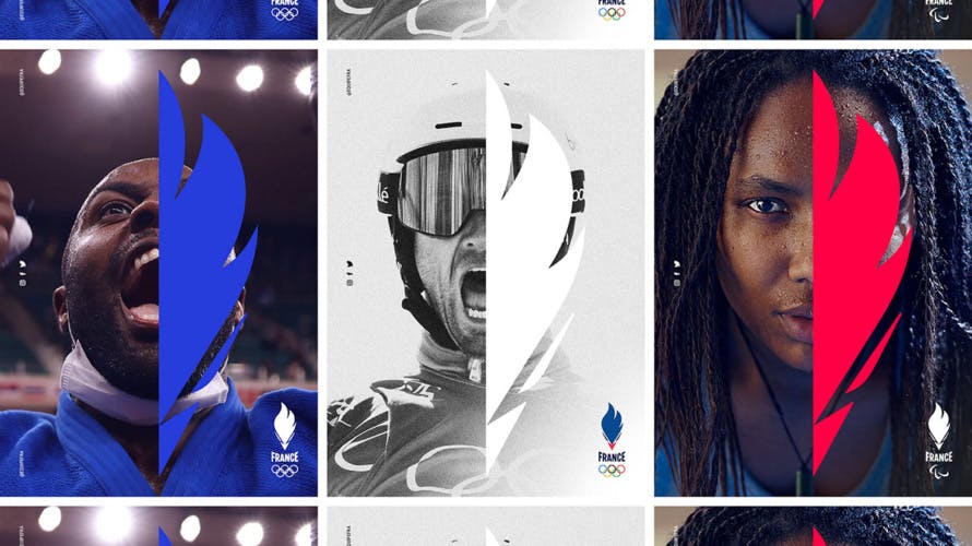 Photos of Team France athletes with a frame graphic laid over the right hand side of their faces in red, white and blue