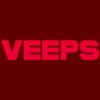 Veeps wordmark in red blocky uppercase letters against a maroon background