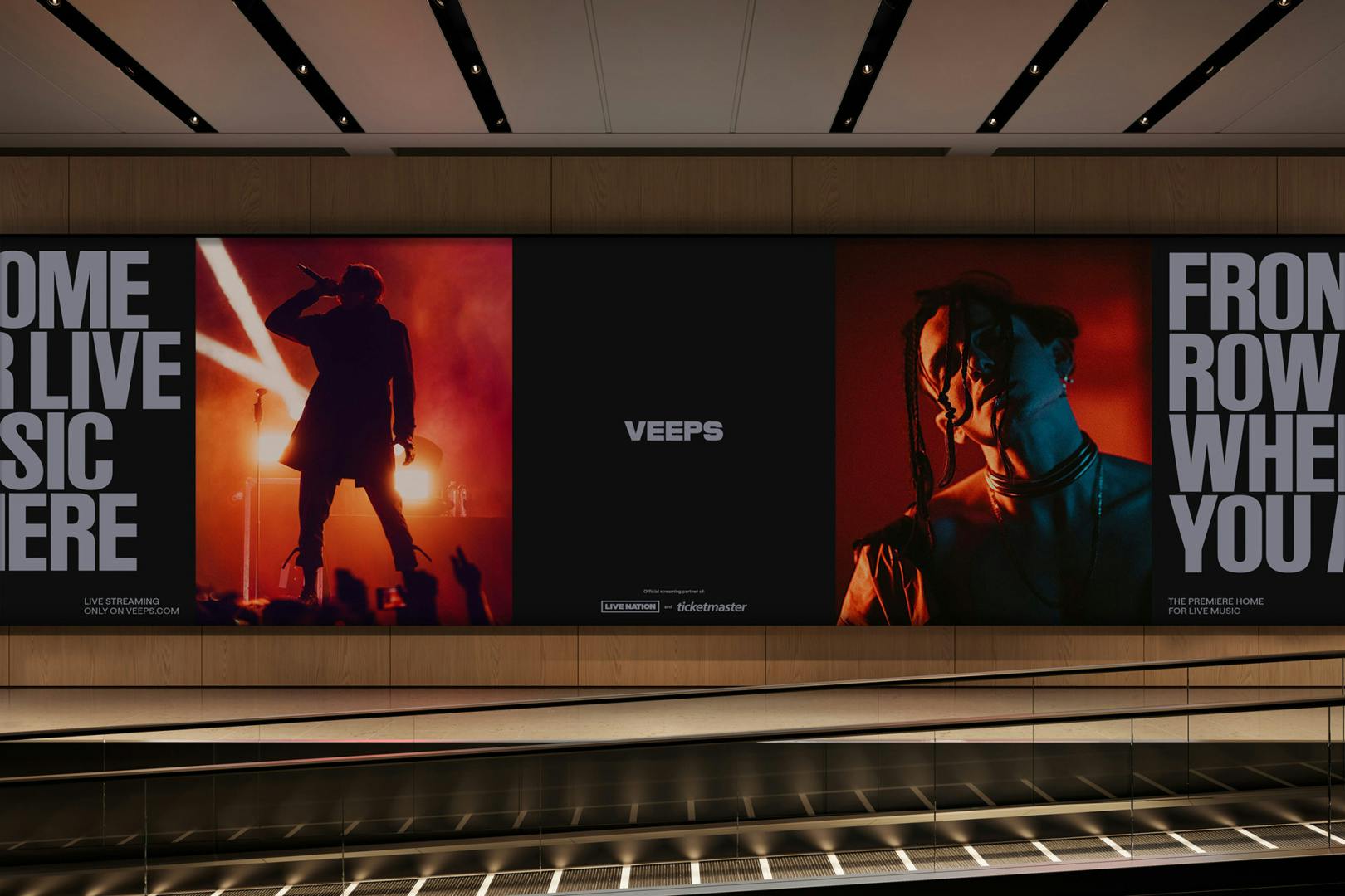Outdoor adverts for Veeps featuring photos of music artists and slogans including 'the home for live music is here' and 'front row where you are'
