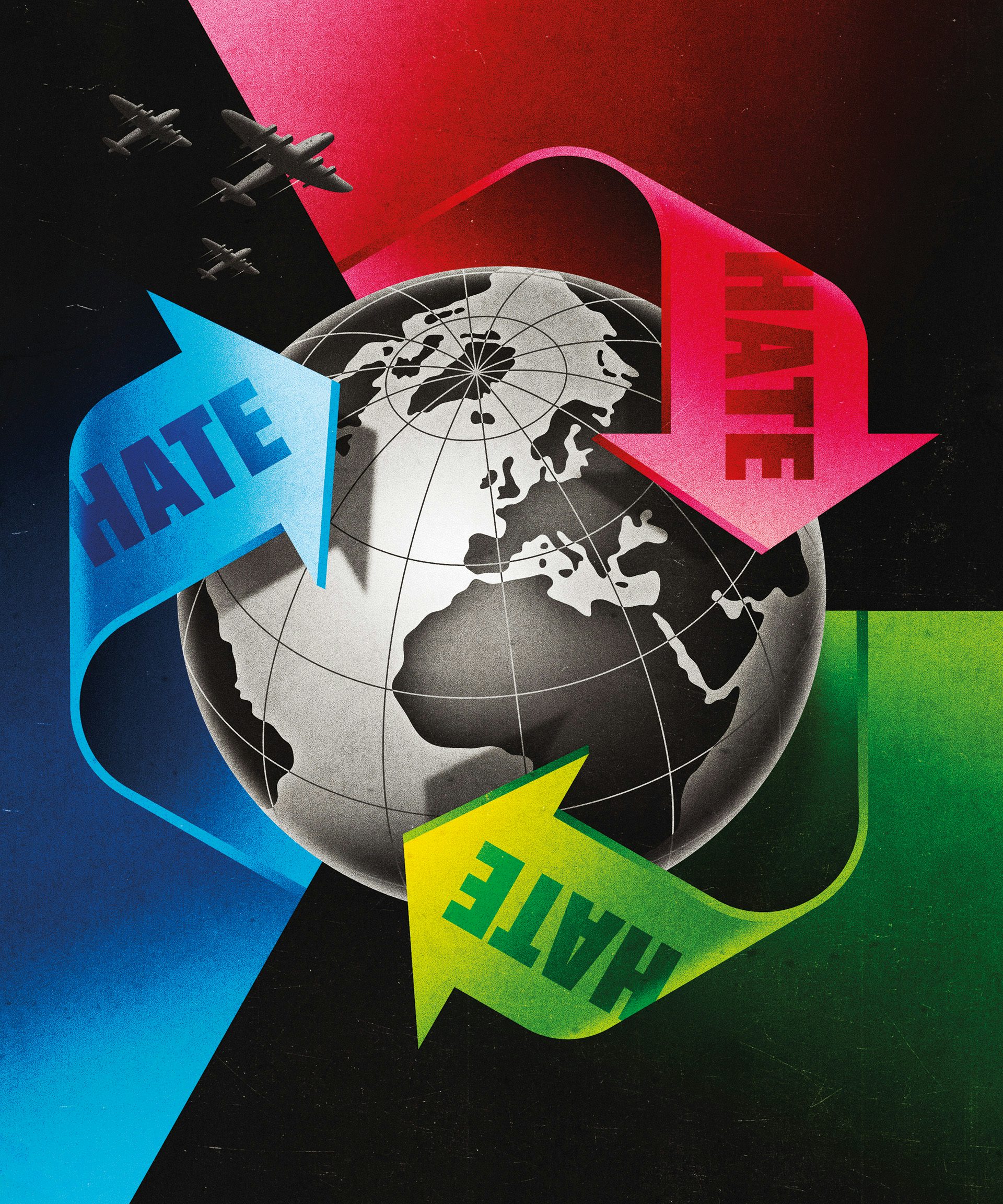 Airbrush style illustration of a black and white globe wrapped in arrows labelled 'hate'