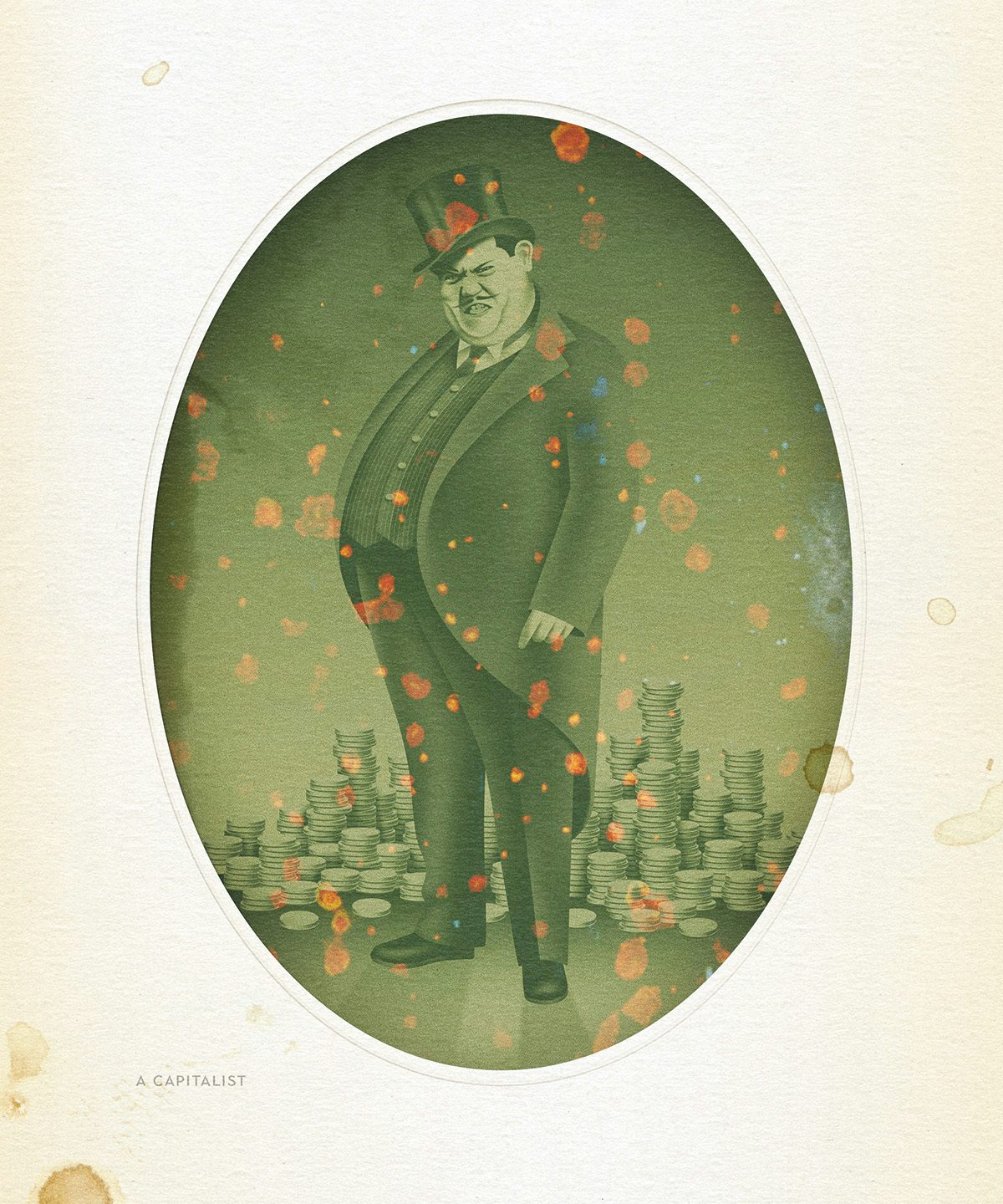 Illustration in the style of an old photo featuring a moustached man wearing a suit and top hat