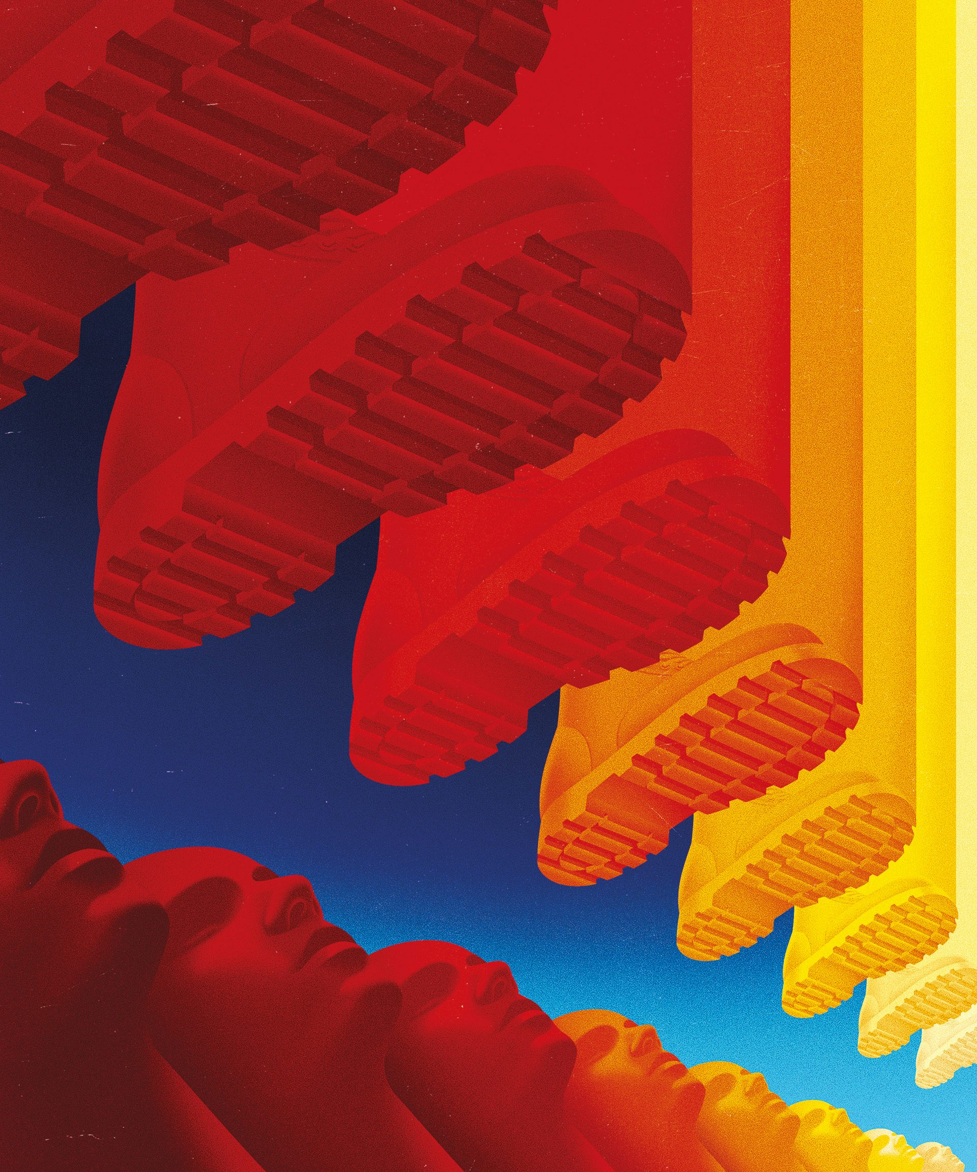 Illustration of a row of red, orange and yellow hued boots stamping down towards a row of heads looking up at them