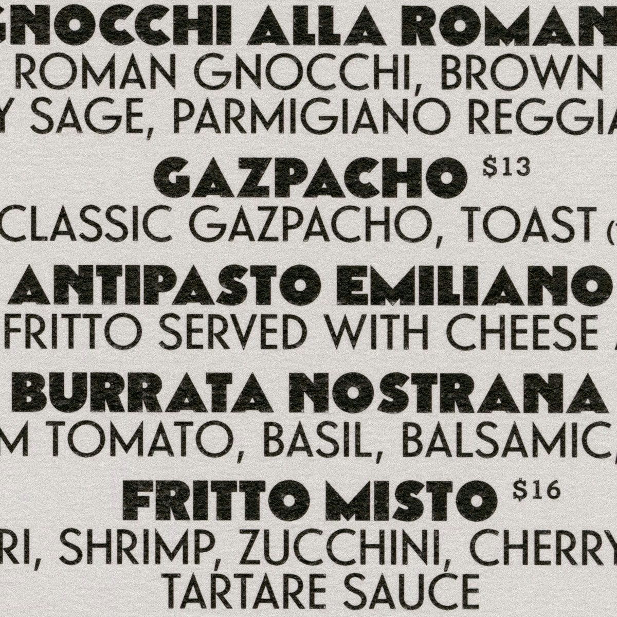 Bacan's menu laid out in thick futurist inspired letterforms and a thinner typeface