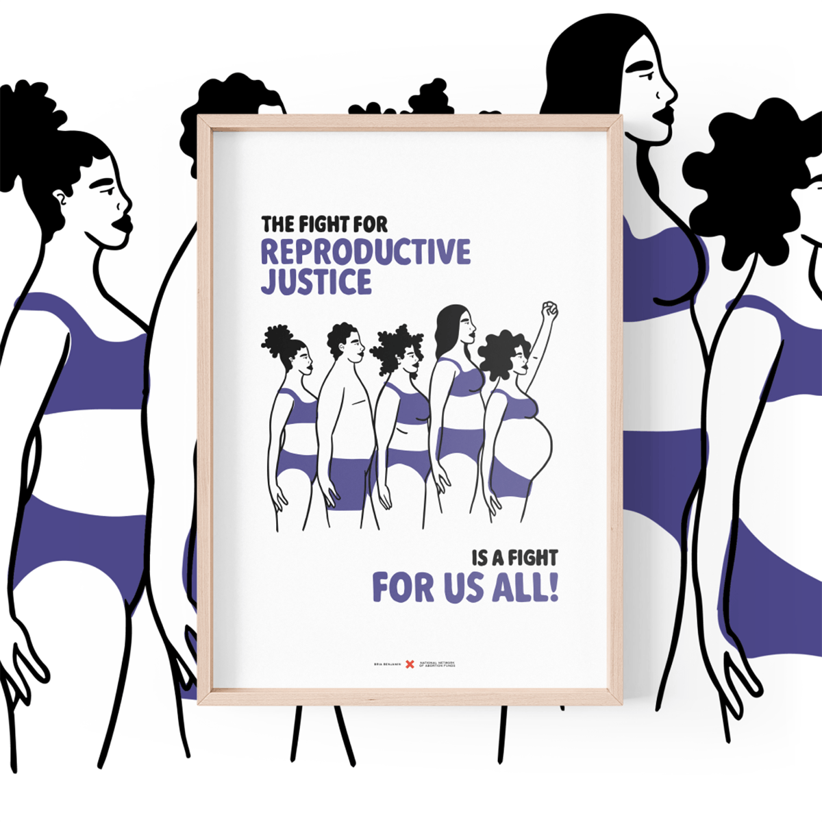 Illustrated poster showing five characters and the tagline 'The fight for reproductive justice is a fight for us all'