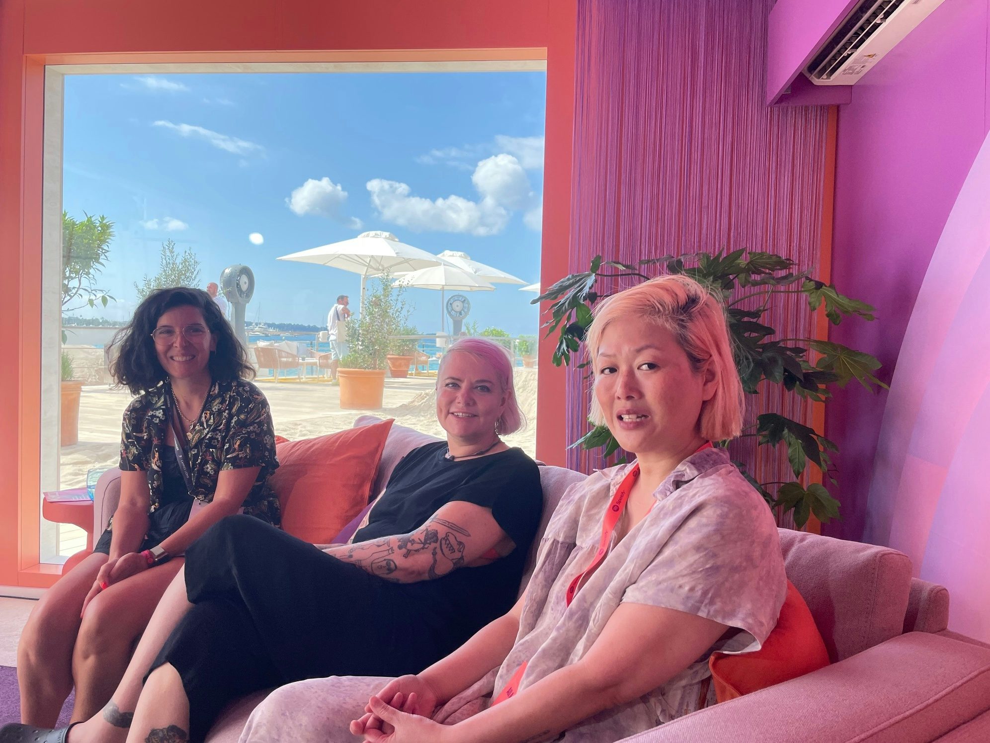 Lisa Smith, Laura Jordan Bambach and Kay Hsu in the Spotify podcast studio at Cannes Lions