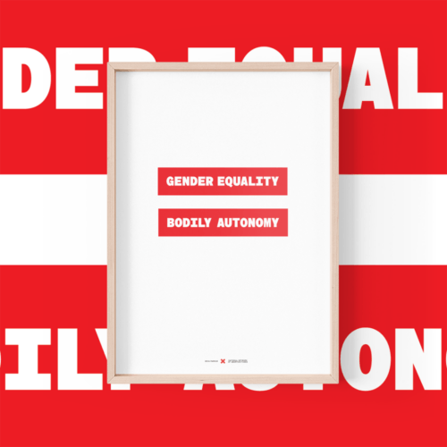 Poster that reads 'gender quality' and 'bodily autonomy' inside two red horizontal boxes, forming the shape of an equals symbol