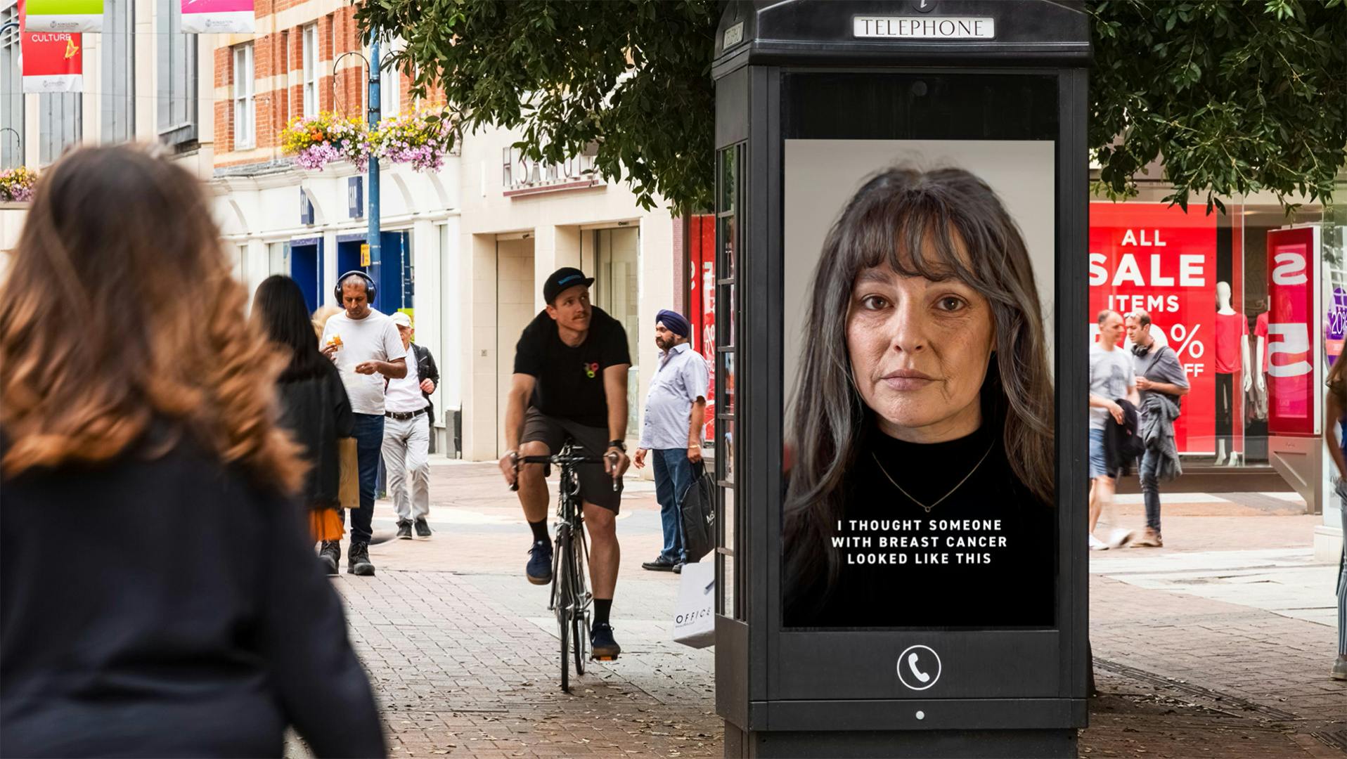 Outdoor advert for Coppafeel showing an older looking woman with the line 'I thought someone with breast cancer looked like this'