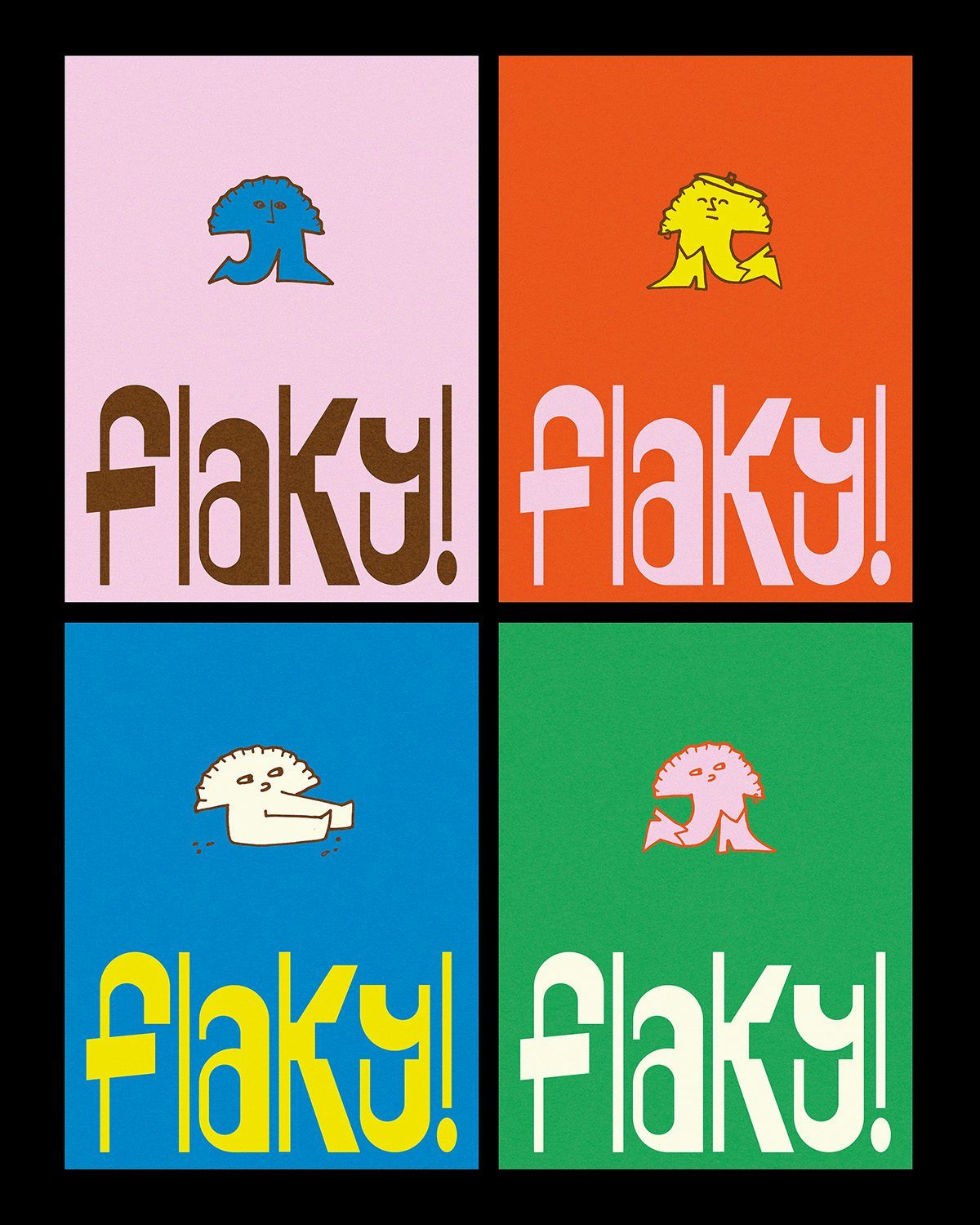 Posters for Flaky featuring its angular, evenly shaped wordmark and illustrations based on a Jamaican patty
