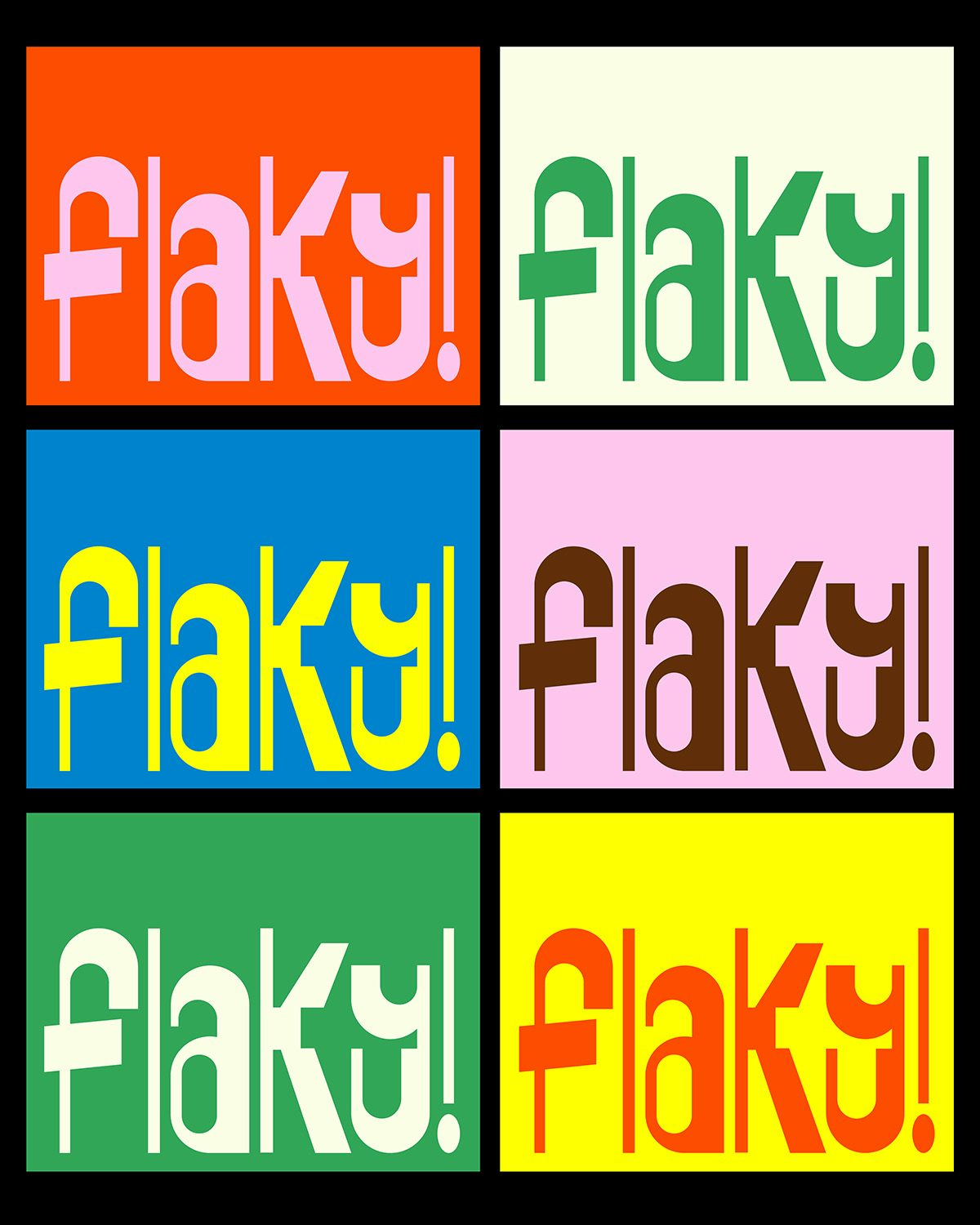 Six colourways of Flaky's wordmark featuring angular, uneven lettering