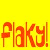 Orange version of Flaky's wordmark featuring angular, uneven lettering against a yellow background