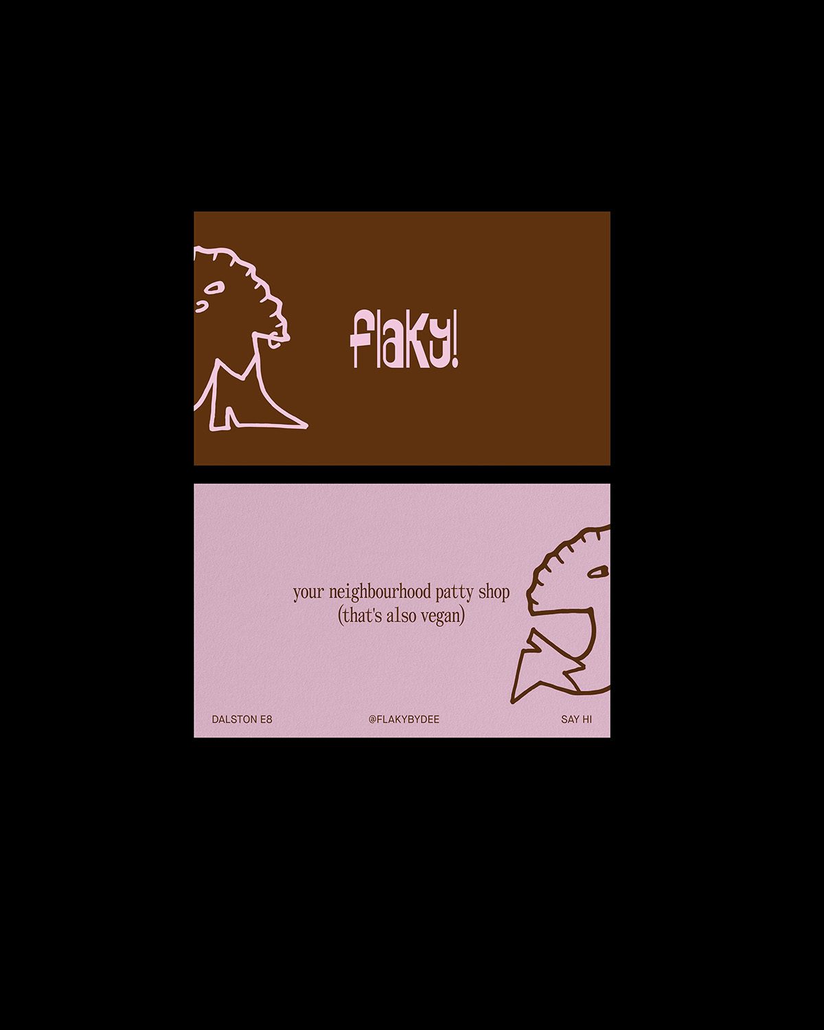 Business cards featuring Flaky wordmark and an illustrated character based on a Jamaican patty