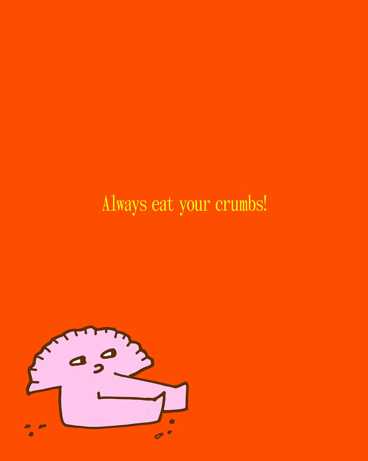 Illustration of a character based on a Jamaican patty with legs that is sat on the ground surrounded by crumbs