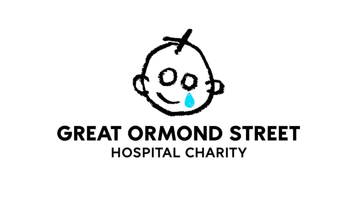 Great Ormond Street Hospital Charity branding featuring a illustrated logo of a smiling child with a tear on its cheek