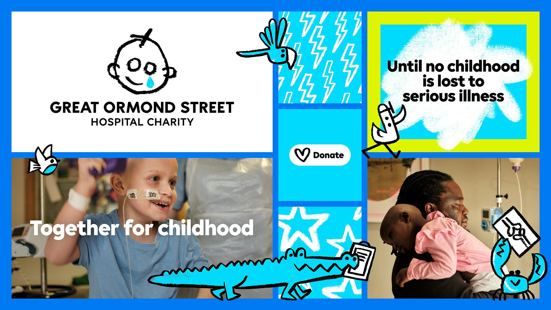 Graphic showing elements of Great Ormond Street Hospital Charity's new branding featuring a palette of blue and white, and designs revolving around illustrated shapes and animals