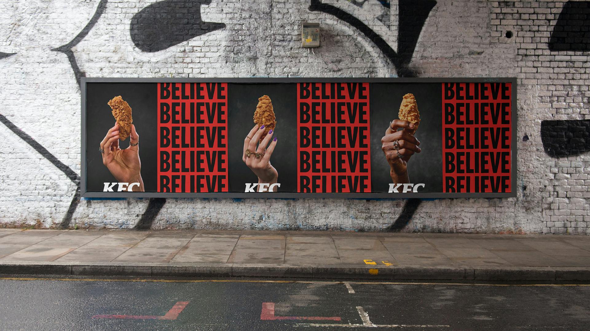 KFC's outdoor adverts in a black and red palette featuring the word 'believe' repeated across it, alongside images of KFC chicken