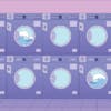 Purple hued illustration of two rows of washing machines