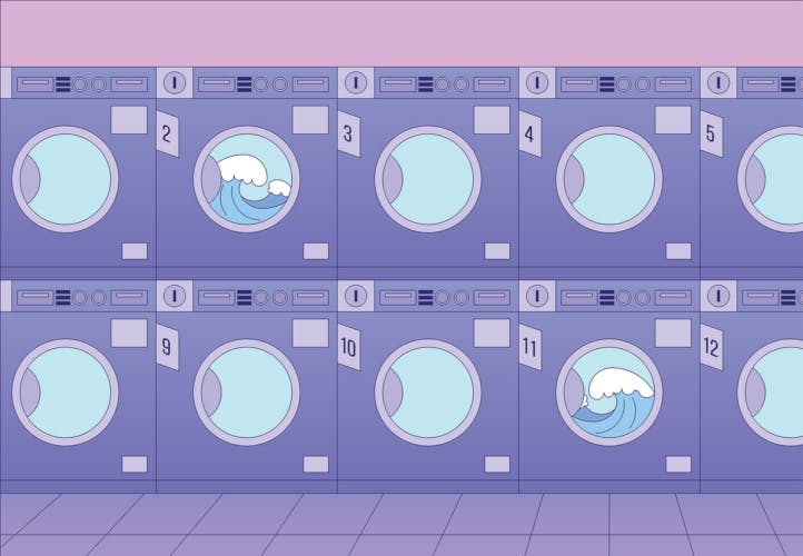 Purple hued illustration of two rows of washing machines