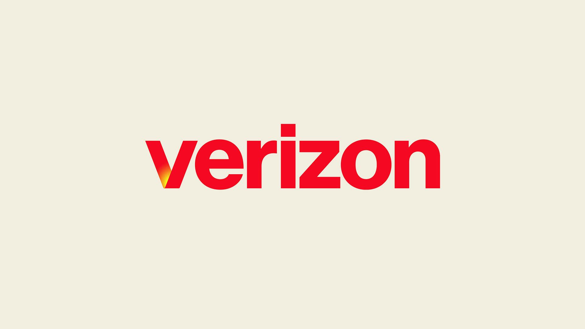 New Verizon wordmark, laid out in a red lowercase letters and a glowing 'V'