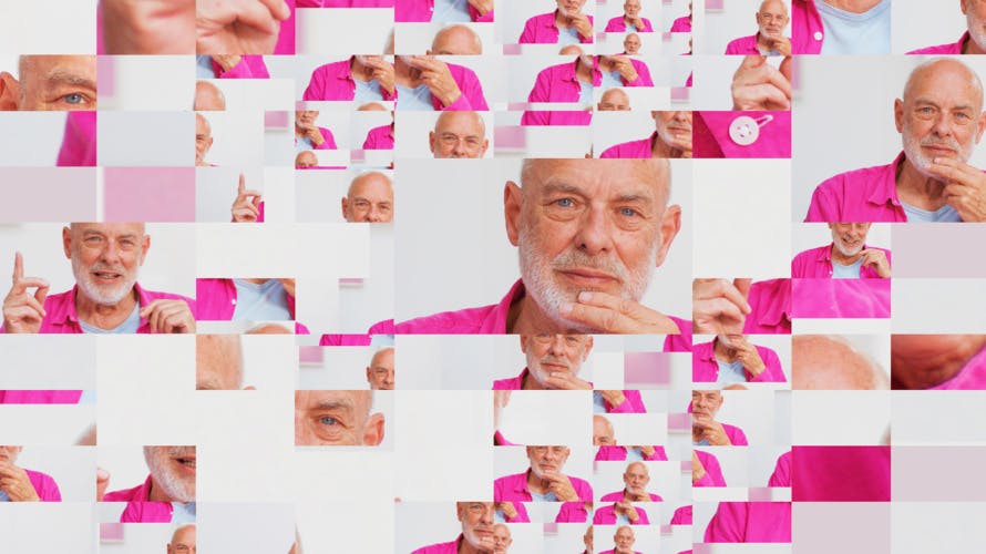 Graphic featuring a range of different size and shape crops of Brian Eno's face